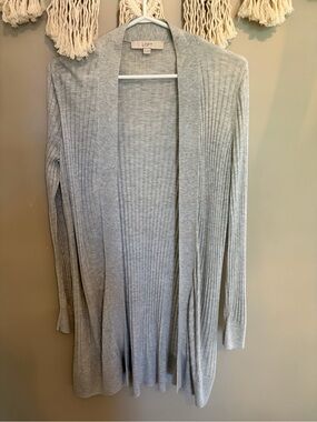 LOFT Heather Gray Ribbed Open Front Cardigan